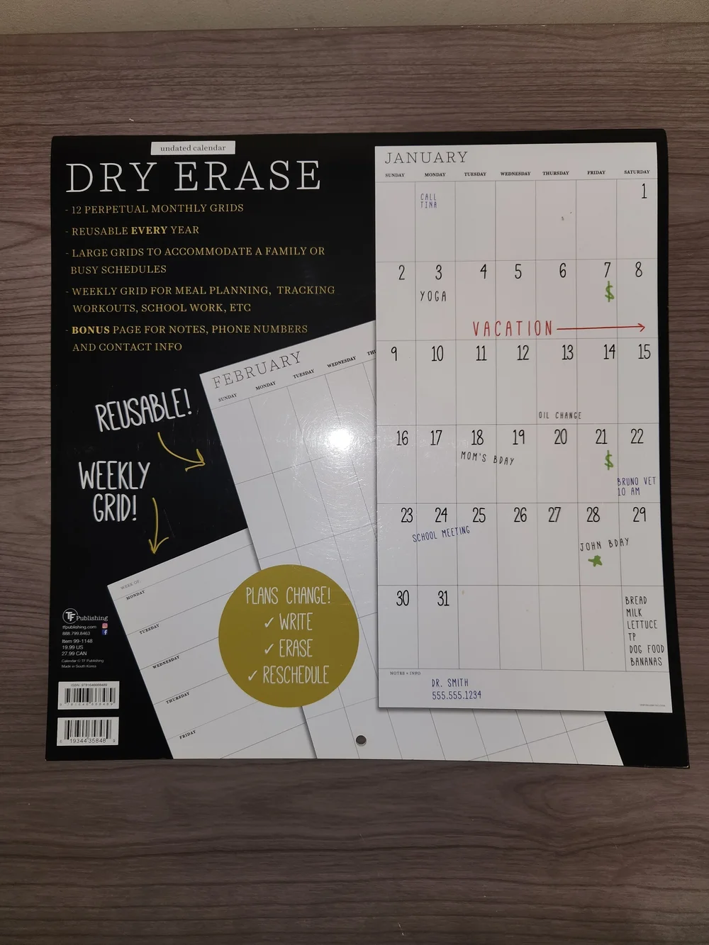 Dry Erase Undated Calendar Wall Planner - Black & White